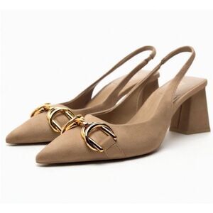 Zara Faux Suede Slingback Heels Beige Nude Gold Chain Pointed Toe EU 40 US 10